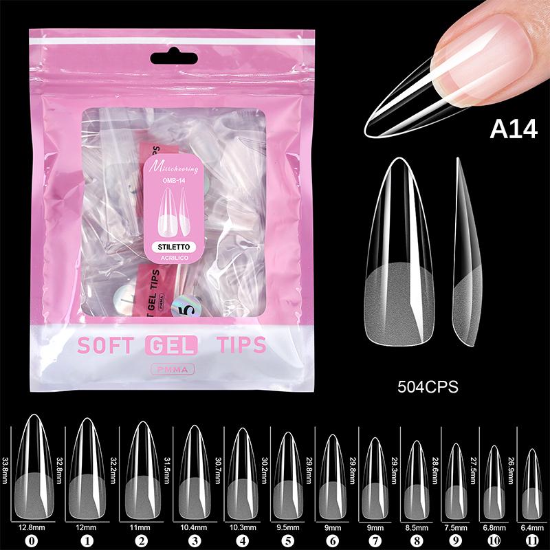 

False Nail Tips in Almond French Coffin Stiletto Oval Square Shapes Front Edge Semi-Matte Finish 504 Pcs