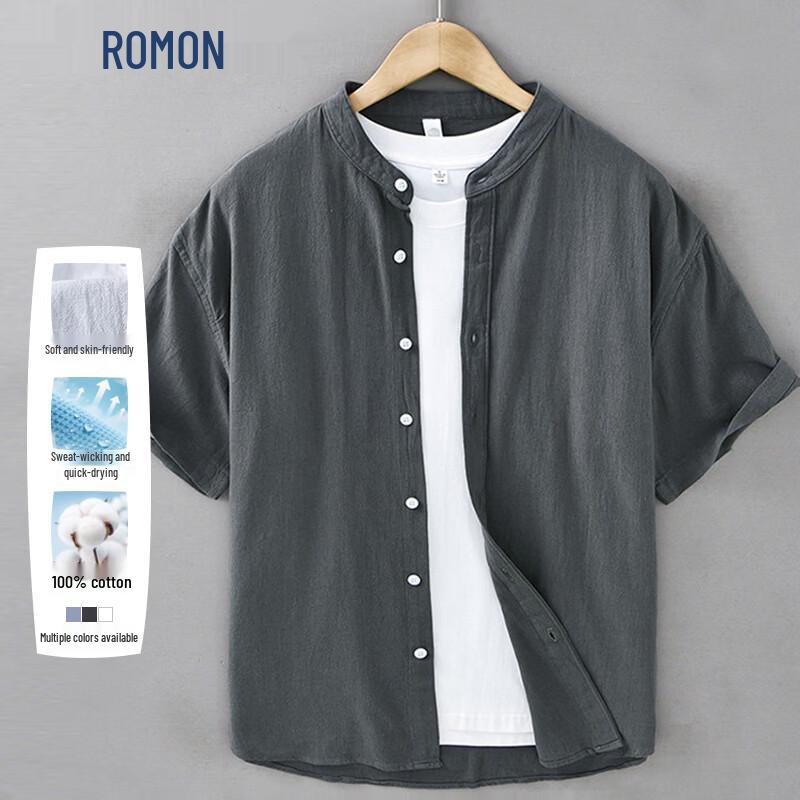 ROMON Men s Summer Casual Stand Collar Pure Cotton Wrinkle Short Sleeve Shirt L