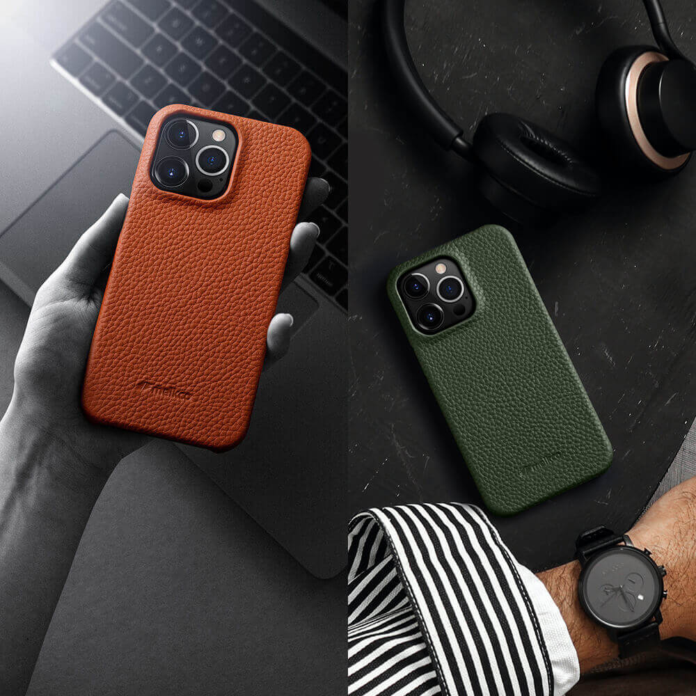 MELKCO For iPhone 13 Pro Max 6.7 inch Large Cutout Phone Case Genuine Cow Leather+PC Cover