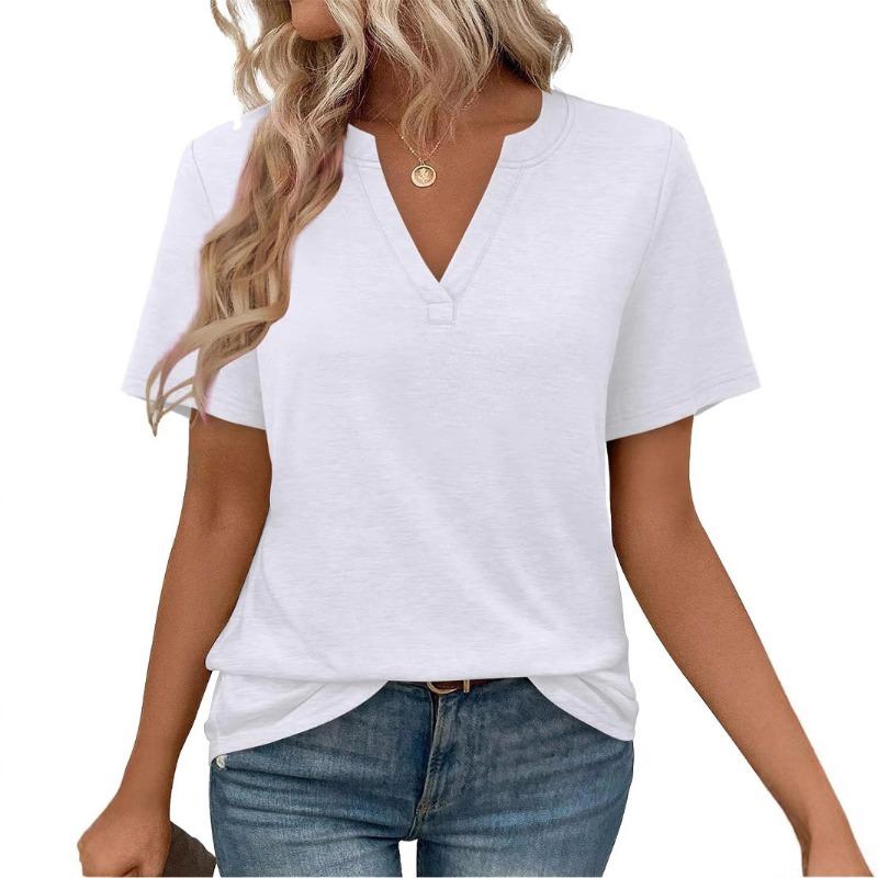 Women Casual Solid Color V Neck Loose Short Sleeve T Shirt Top
