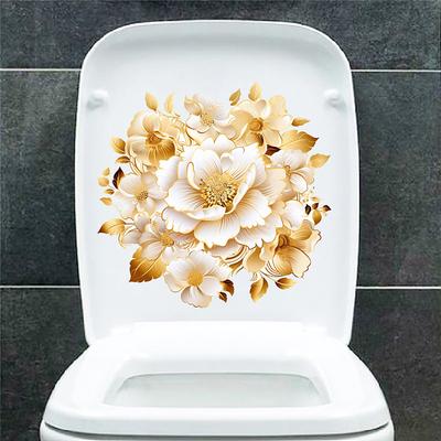 Stylish Elegant Gold Flowers Toilet and Wall Sticker Set Waterproof Self-Adhesive Removable Decal for Bathroom WC Home Decor