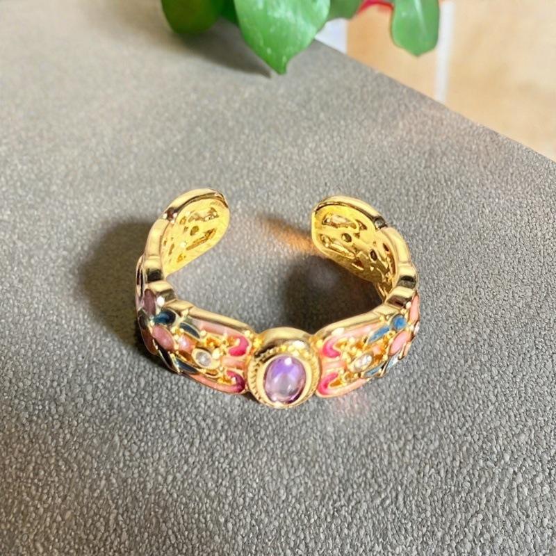 Princess Pink Flower Gold Enamel Dripping Oil Opening Ring Female Butterfly Premium Sweet Cool Ring