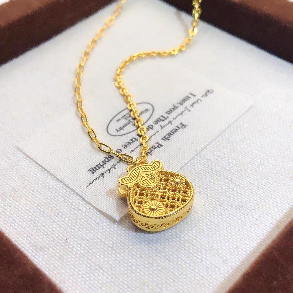 Women's Gold Fortune Bag Pendant Necklace with Lace Hollow Design
