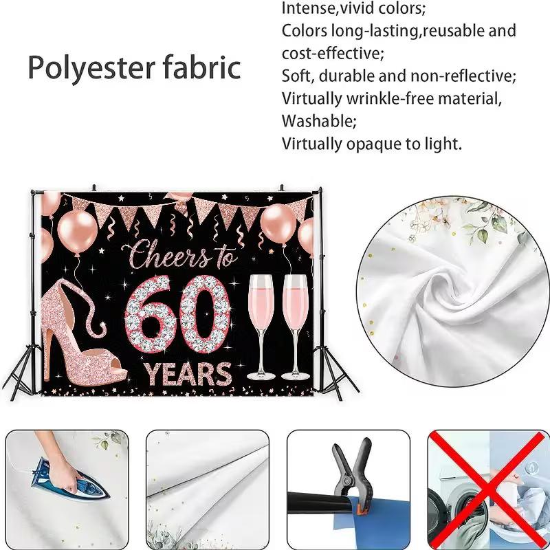 2D Glitter Rose Gold 60th Birthday Party Backdrop for Adult Photo Booth