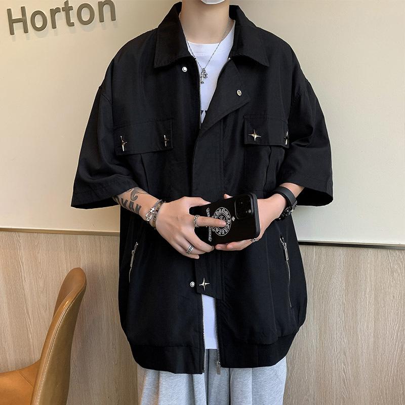 Men's Black Oversized Short Sleeve Shirt Casual Star Stud Detail Streetwear Top