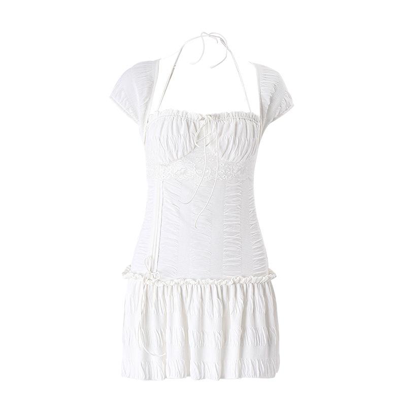GMXIA Summer Sexy Low-cut Square Neck Halters Lace Design Sense Short Sleeve Pleated Dress Women