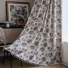 Retro Printed Cotton Linen Curtain With Tassel Trim Kitchen Window Semi-Sheer Panel Living Room Dining Area
