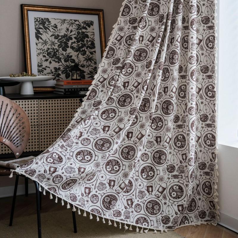 Retro Printed Cotton Linen Curtain With Tassel Trim Kitchen Window Semi-Sheer Panel Living Room Dining Area