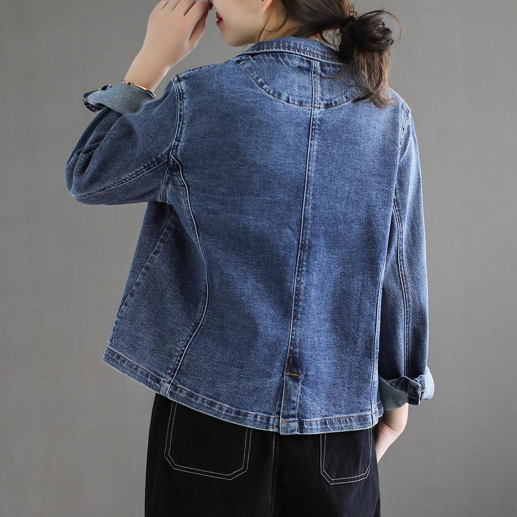 Vintage Denim Blazer Jacket Women Retro Loose Denim Women Spring Autumn Casual Long Sleeve Short Jean Fit Coat Autumn