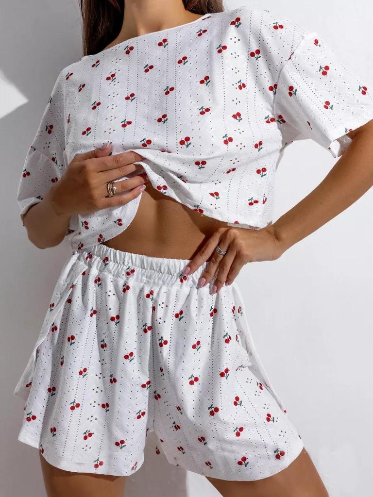 Europese Stijl Hart Kersenprint Korte Mouw Pyjamaset