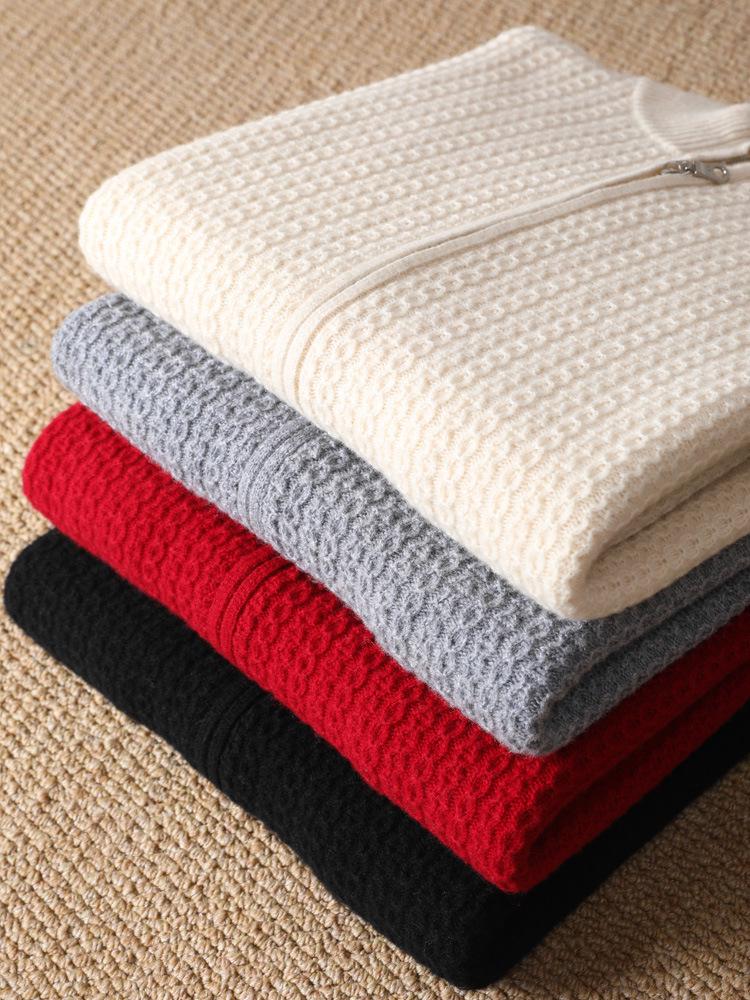 Men's 100% Pure Wool Thickened Half-High Collar Zipper Cardigan Sweater for Autumn/Winter