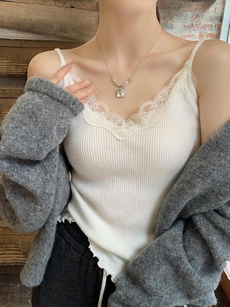 Lace V-Neck Women's Knitted Camisole: 2025 Autumn/Winter Trendy Layered Vest Design.