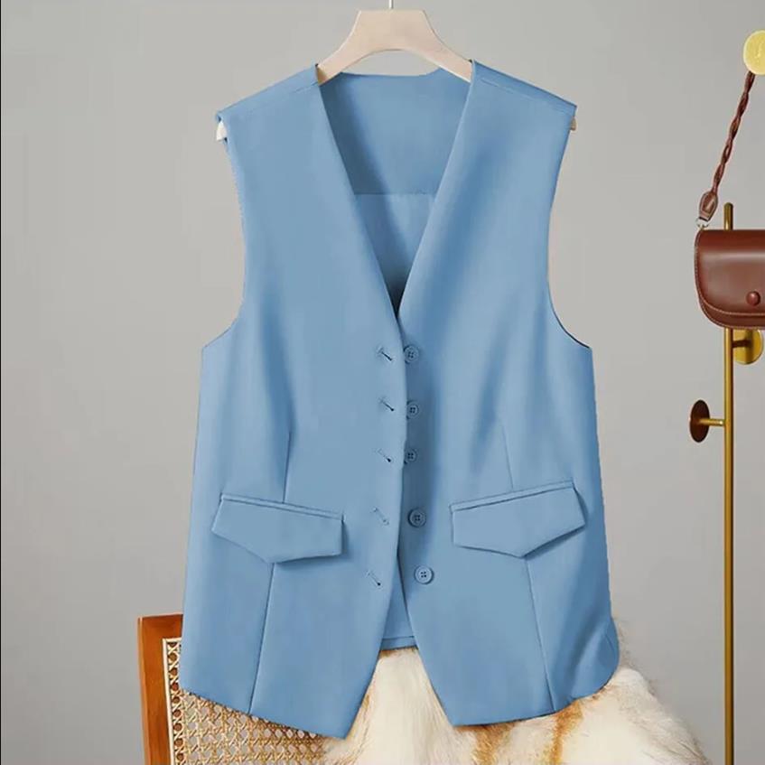 Gilet da Donna Elegante con Scollo a V Senza Maniche per Ufficio Stile Pendolare Monocolore Monopetto
