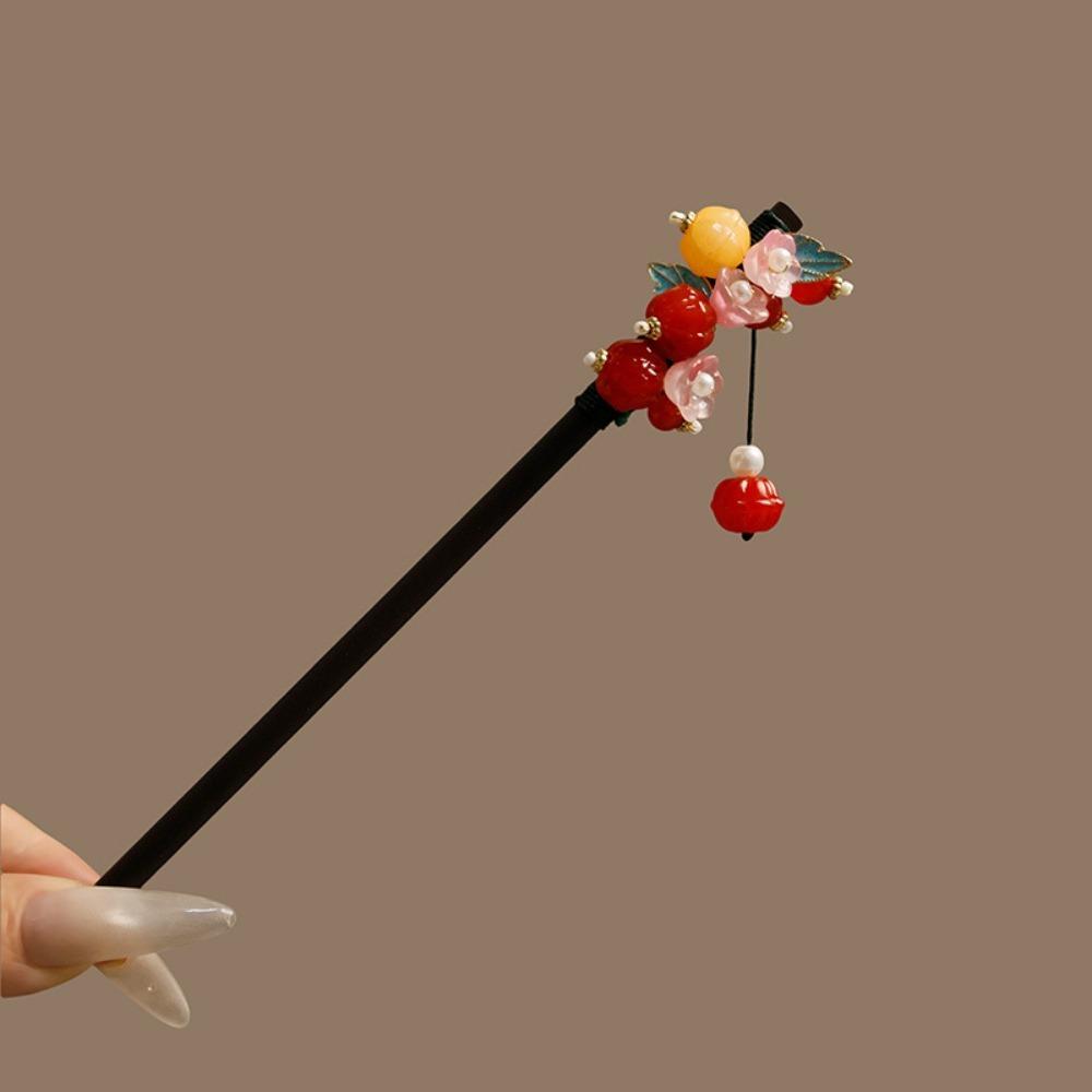 

1pc Vintage Chinese Hair Sticks: Wooden with Colorful Beads,Flowers & LeavesAdd Elegant Oriental Charm to Traditional Outfits