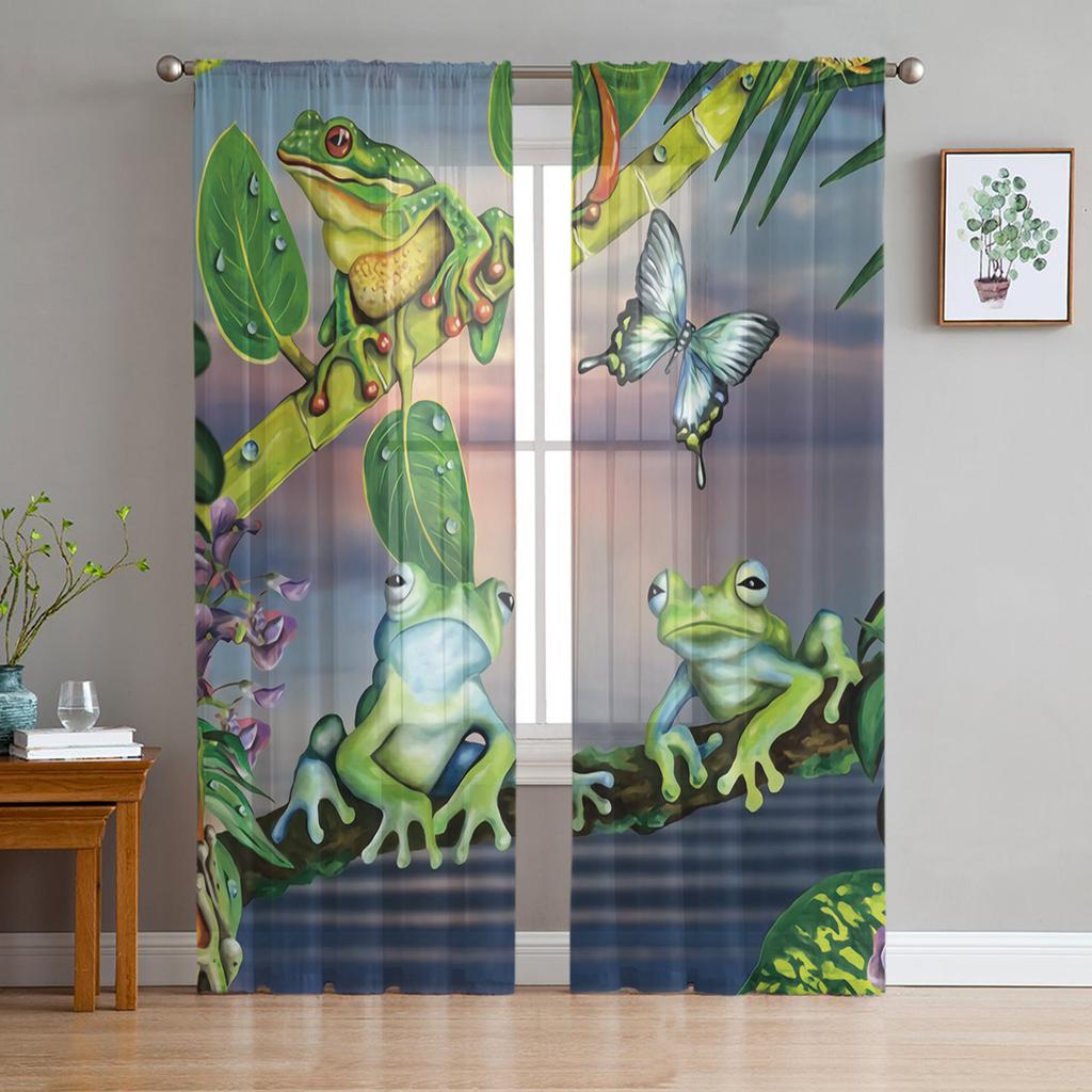 Cartoon Cute Frog Prince Kawaii Sheer Curtain for Living Room Bedroom Voile Drape Kitchen Window Tulle Curtains Home Essentials