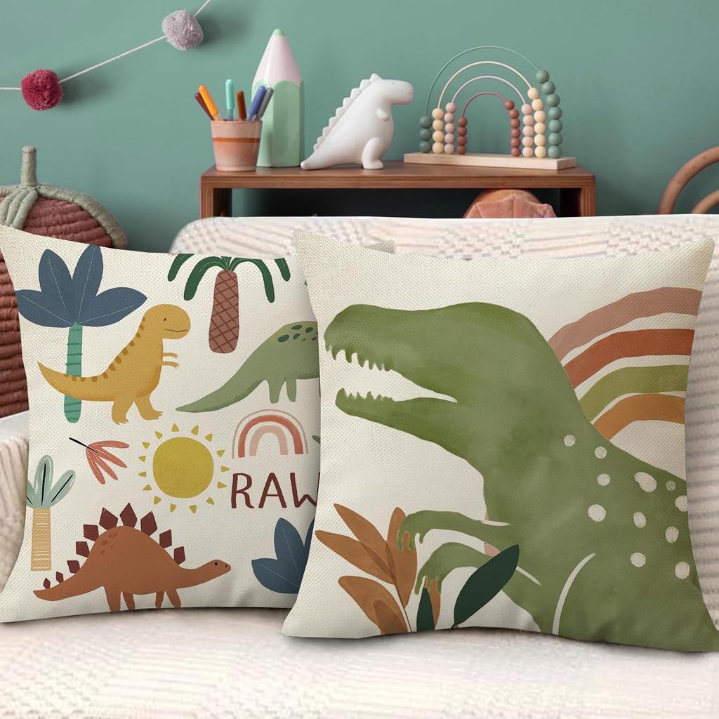 Fahrendom Boho Dinosaur Rawr Decorative Throw Pillow Covers 18 x 18 Set of 4, Bohemian Dino Stay Curious Porch Patio Outdoor Pillowcase, Sun Rainbow