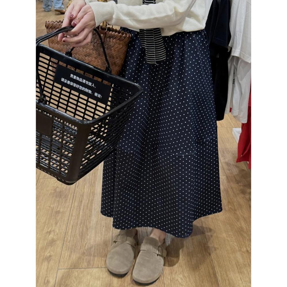 Women's Elastic Waist Polka Dot Midi Skirt A Line Skirt Loose Korean Casual Plus Size Flowy Skirt for All Body Types