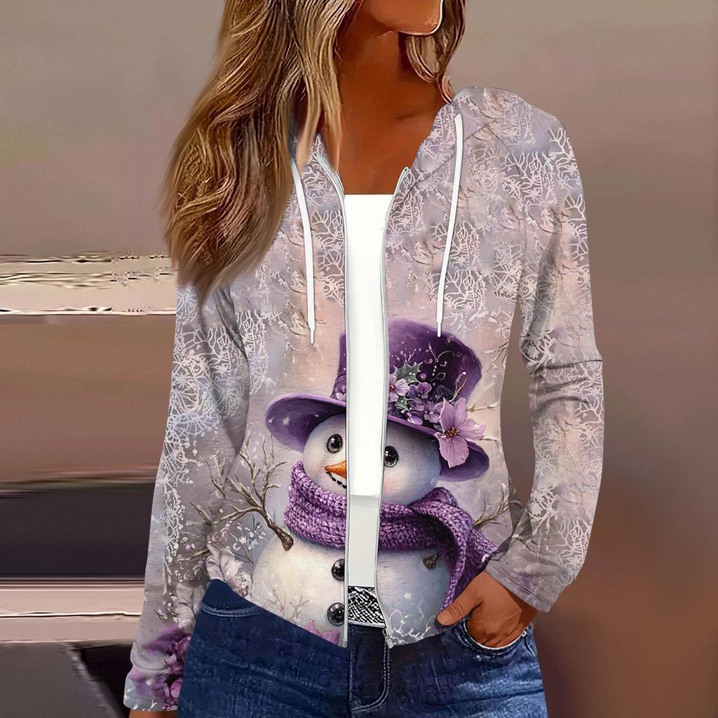 Chaqueta Casual con Capucha y Cremallera de Manga Larga con Estampado Navideño de Moda para Mujer