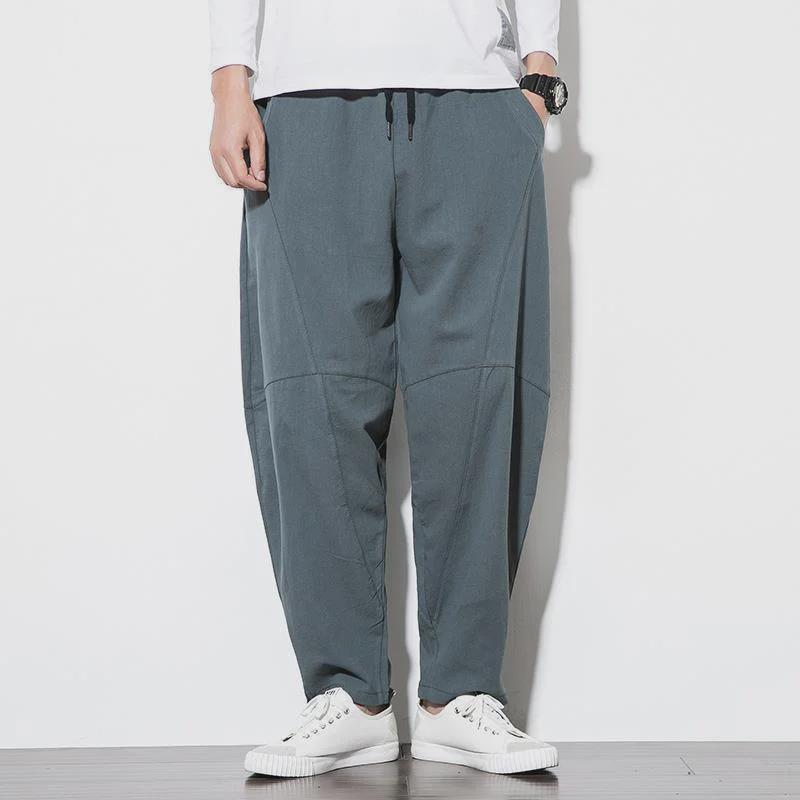 Men's Large Linen Trousers - Loose Fit, Casual Harem Style, Carrot Pants with Low Crotch, Cotton Blend.