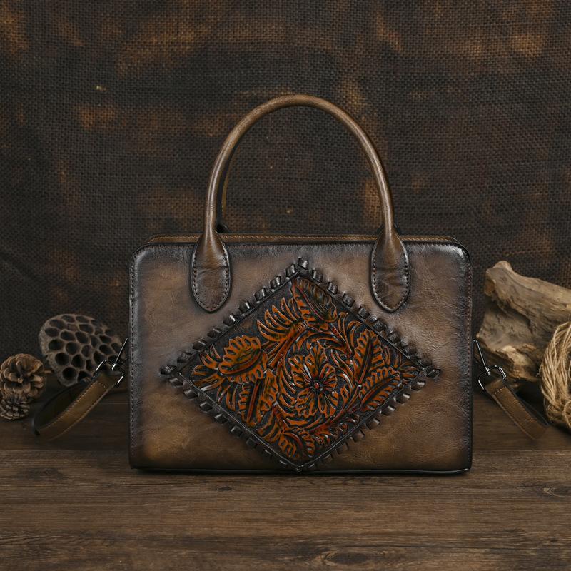 

Johnature Vintage Totem Embossed Bag Women s Leather Handbag Versatile Elegant Large Capacity Shoulder & Crossbody Bags кофейный