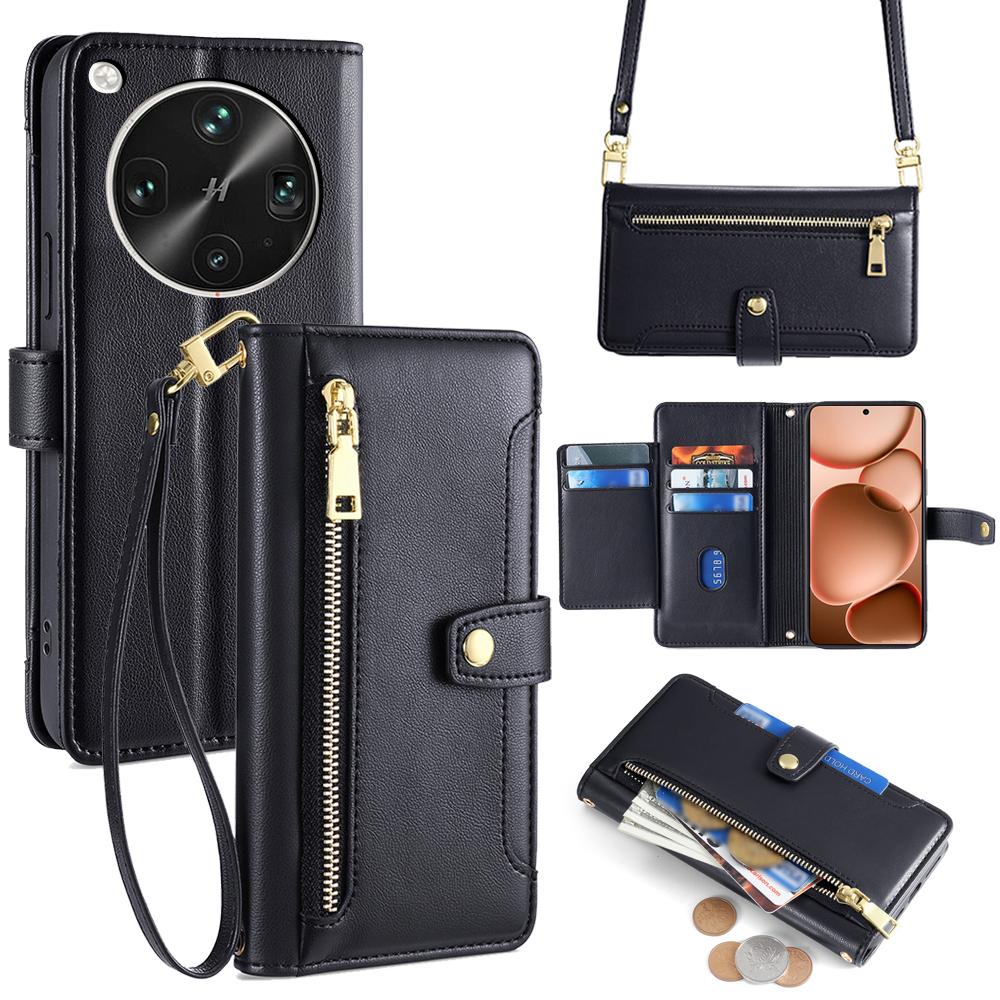 For Oppo Find X8 Ultra 5G Leather Case Zipper Pocket Wallet Phone Cover with 2 Straps