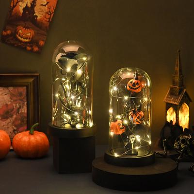 Preserved Black Roses In Glass Dome Halloween Light-up Eternal Flower In Cloche with Skull Pumpkin Statue for Home Kitchen Mantel Tabletop Decor