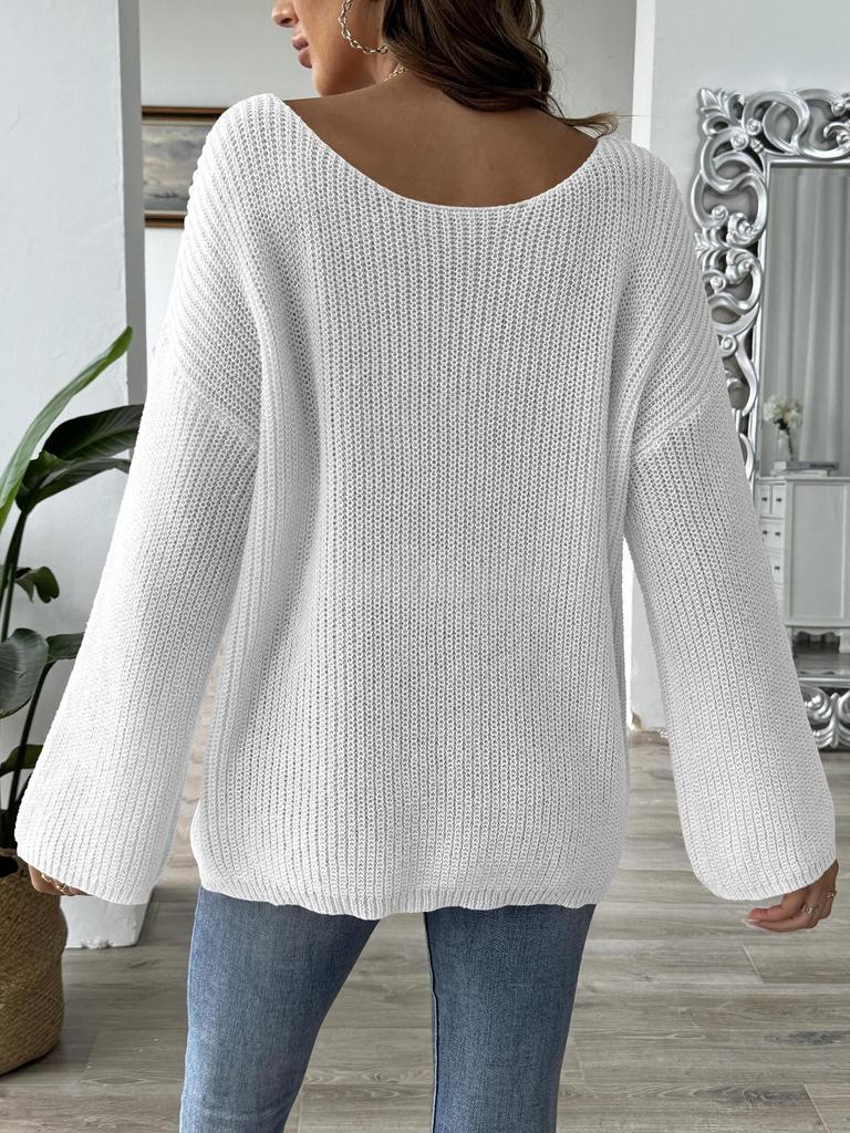 European & American Women's Loose One-Shoulder Bell Sleeve Beaded Sweater Top