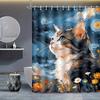 Cat Shower Curtain Starry Sky Art Floral Background Cute Pet Decor Waterproof Fabric Bath Curtain Set Home Decoration