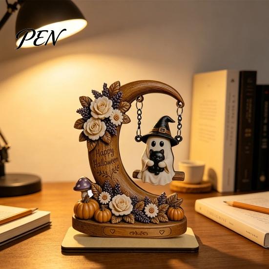 Novelty Ghost Swing Crafts Halloween Moon Figurine, Reading On with Floral Natural Wood Spooky Decor Pumpkin Accents, Wooden Bookshelf for Desk Mantel