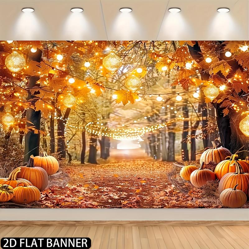 2D flat banner 1PC Thanksgiving Harvest Party - Golden maple leaves pumpkins and hanging lanterns for autumn decorations