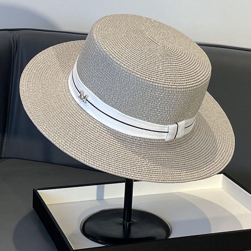 Elegante Cappello Piatto Stile Socialite Francese Intrecciato con Perle Cappello Parasole Estivo da Spiaggia per Donne