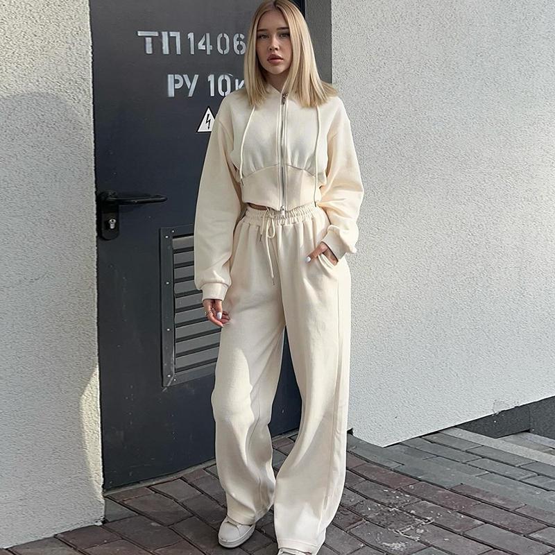 

Жіночі Повсякденні Спортивні Довгі Костюми Весна Осінь Однотонні На блискавці Укорочене Худі Вільні Штани з широкими штанинами на кулісці Двокомпонентний комплект S абрикосовий