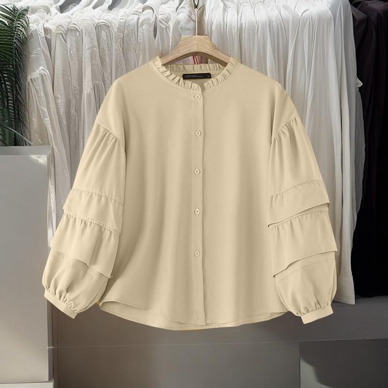 

ZANZEA Женские летние рубашки с круглым вырезом и длинными рукавами-фонариками и оборками S бежевый