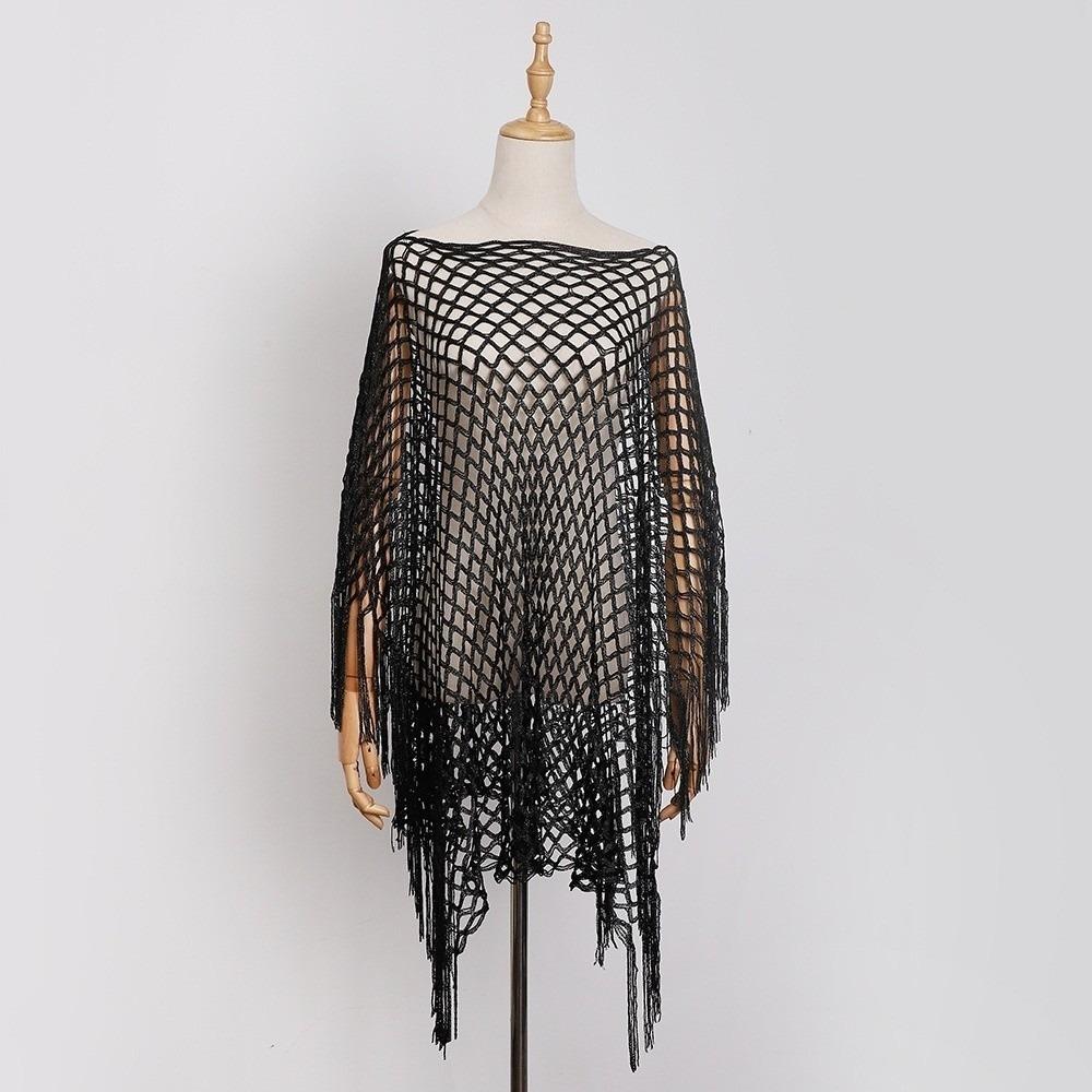 Through Hollow Out Pareo Solid Color Tassels Shawls Sexy Long Sleeve Cover Up for Women