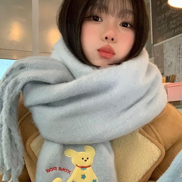 Cute Puppy Embroidered Blue Knitted Scarf for Women Autumn and Winter Korean Atmosphere Warm Neck Scarf
