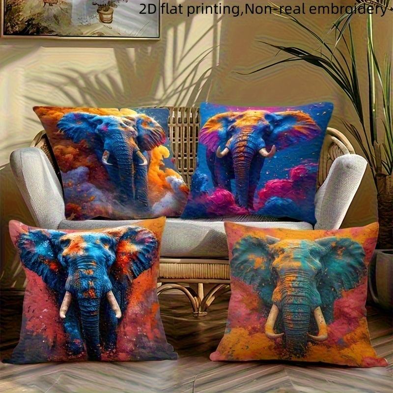 4Pcs Colored Art Elephant Digital Printing Pillow Cover Short Plush Suitable Living Rooms Bedrooms Sofas Throw Cushion Cover
