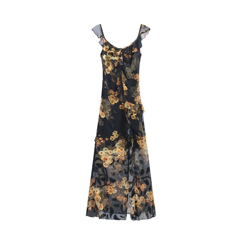 2026 Spring/Summer Resort Style Ruffled Slit Print Spaghetti Strap Maxi Dress - Elegant, Waist-Cinched Women's Fashion.
