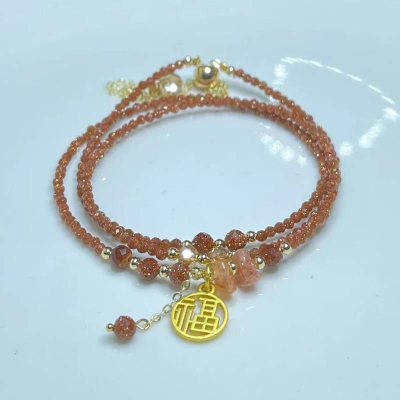 Natural crystal jewelry, golden strawberry crystal with shape, sandstone three-circle bracelet.