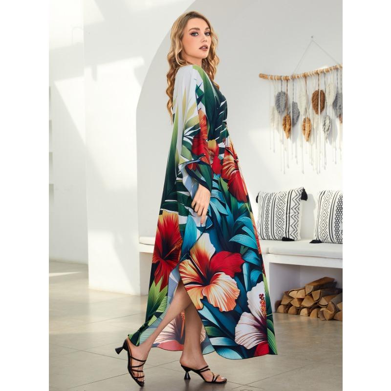 Women's Fashion Summer Spring Feather Print 3/4 Sleeves V-Neck Loose Waistline Casual Dresses