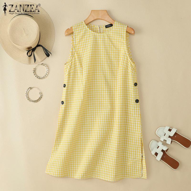 ZANZEA Women Casual Round Neck Sleeveless Plaid Print Dress Sundress