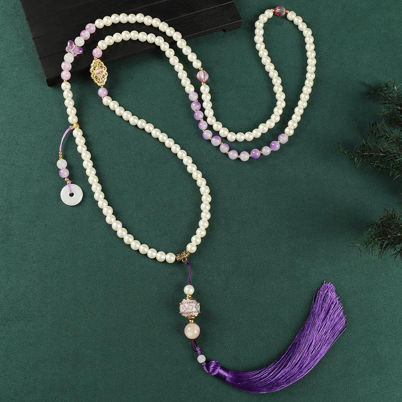 Glazed Beaded Messenger Chain High-end Long Green Sandalwood Fringed Necklace Sweater Chain Accessories Women