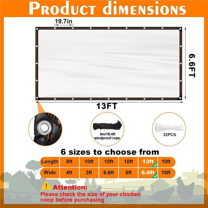 Chicken Coop Cover Waterproof 6.6 X 13Ft Anti-Tear Run Tarp With Rope& Cable Tie, For Winter For Patio Covering