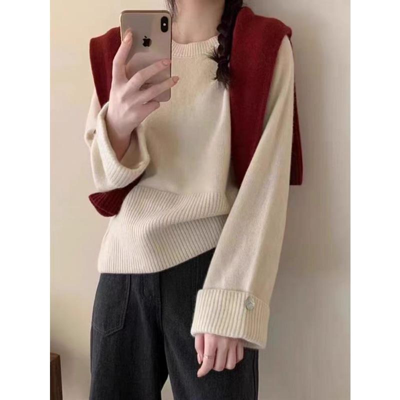 Autumn and Winter New Knitted Sweater Women's Design Sense Casual Loose and Thin Round Neck Pullover with Thick Women's Top