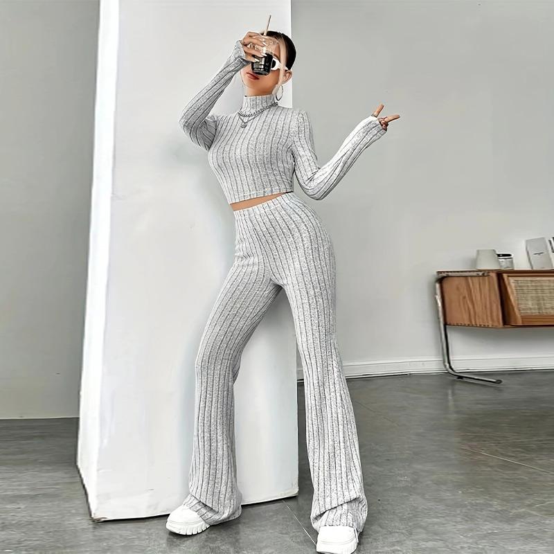 Women's Knitted Pullover Pants Two Pieces Set Slim Long Sleeved Mock Neck Top High Waist Wide Leg Pant Outfits
