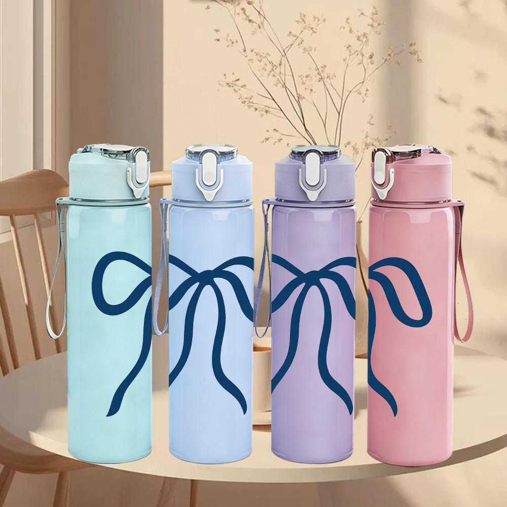 1PC Elegant Blue Bow 750ml Color Plastic Sports Water Bottle Leakproof Flip Straw Lid Suitable for Sports Office Home Use
