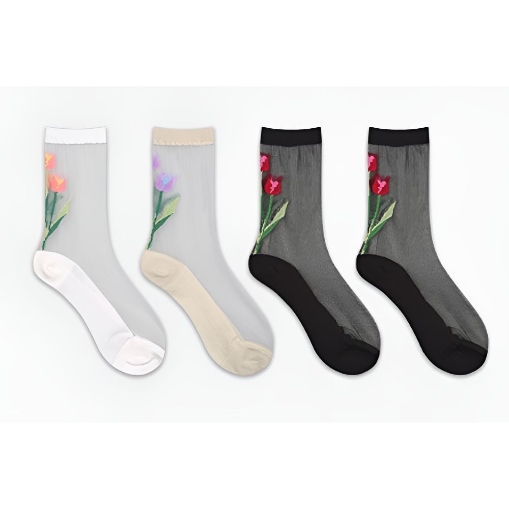 

Women Tulip Sheer Socks Set 4 Pairs See Through Floral Fashion Socks
