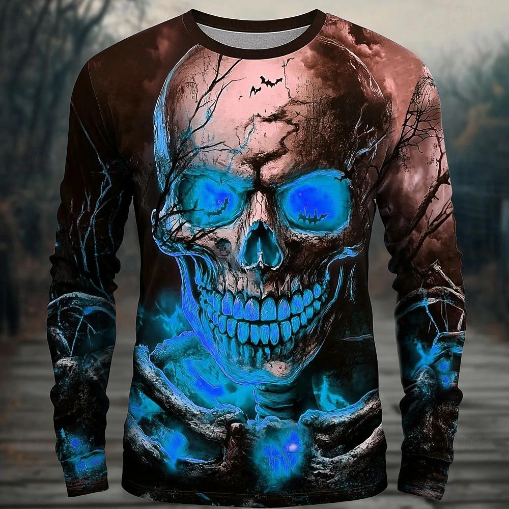 Skull T Shirt Man Halloween Men's 3D Skeleton T Shirt Long Sleeve T Shirt 3D Print Crew Neck Shirt Fashion Street Casual Tshirt