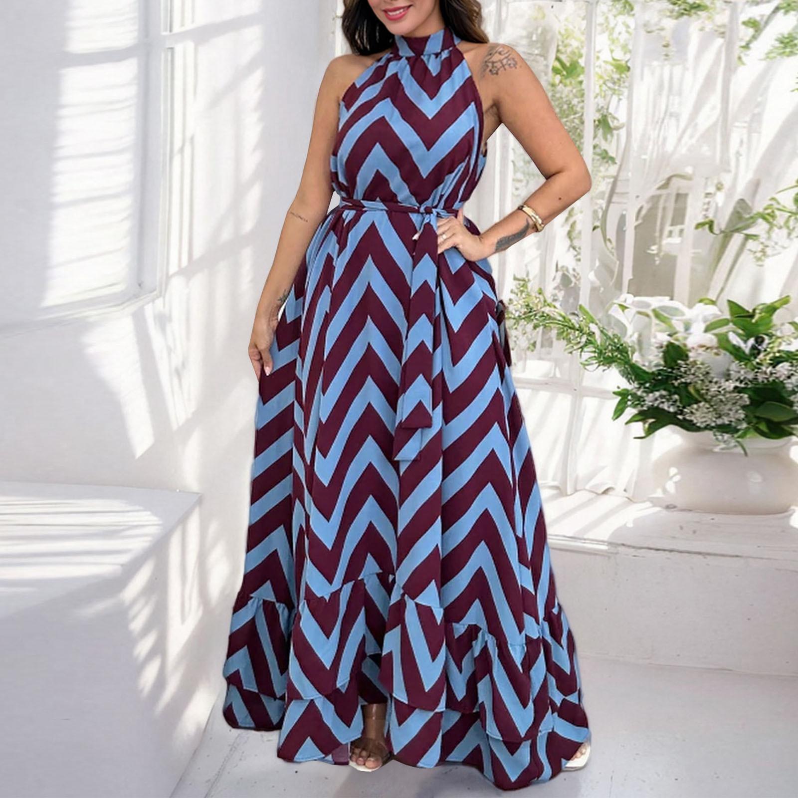 

Женские модные сексуальные платья без рукавов с воротником-стойкой и полосатым принтом L фиолетовый