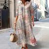 Vestidos casuales de cintura holgada con cuello tipo polo y manga larga con estampado de flores para primavera y otoño para mujer