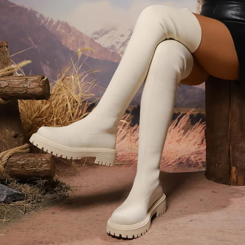 2024 Ladies Shoes Mesh Over-the-Knee Women's Boots Classics Modern Boots Women Round Toe Med Heel Slip on Plus Size Shoes Women